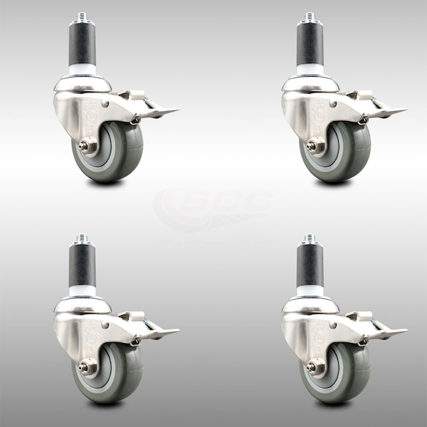 Service Caster 3 Inch 316SS Gray Poly Swivel 1-1/4 Inch Expanding Stem Caster Set Lock Brake SCC-SS316TTLEX20S314-PPUB-114-4 - main
